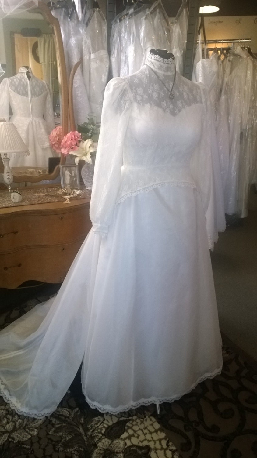 Vintage White Lace Peplum Wedding Dress high modest neckline