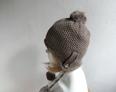 Unisex Knit Hat, Ear Flap Hat, Pompom Hat, Brown Hat, Fleece Lined Ear Flap Hat,Knit Beanie