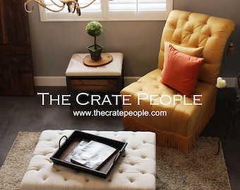 Vintage European Grain Sack – Button Tufted Ottoman CRATE Coffee Table with Storage