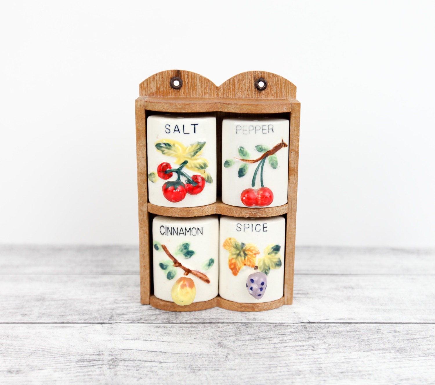 Vintage Ceramic Spice Jars w/ wood wall shelf