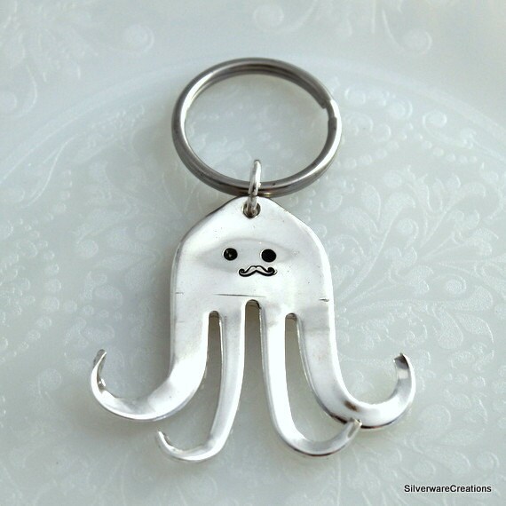 OCTOPUS Key Chain MUSTACHE Fork Key Holder by SilverwareCreations