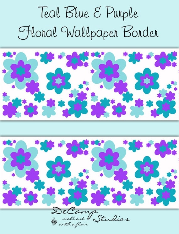 FLORAL WALLPAPER BORDER Teal Blue Purple Wall by decampstudios