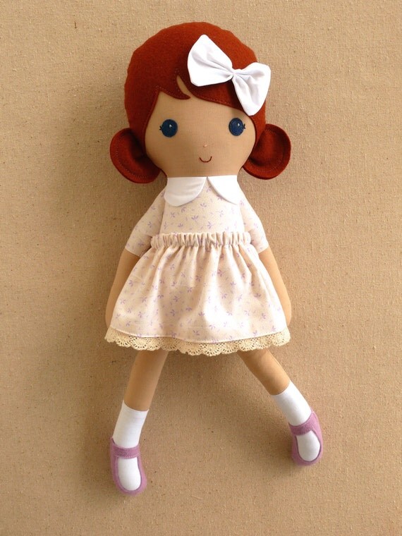 Fabric Doll Rag Doll Red Haired Girl in Old Fashioned Cream