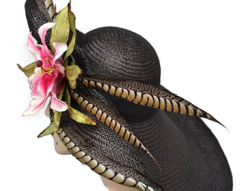 Kentucky Derby Hat Black Panama Straw HatWide Brim Easter Hat