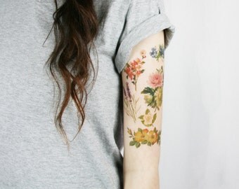 Temporary tattoo sleeve - Vintage Floral Temporary Tattoo sleeve pack - tattoo sleeve - vintage wildflowers temporary tattoo - 6 wildflowers
