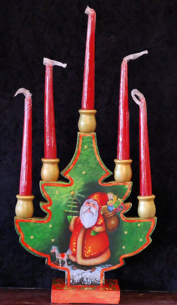 Hand Painted Wooden Christmas Candelabra with Christmas Tree and Santa Claus