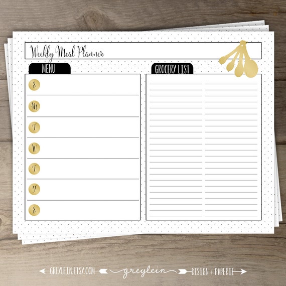 Weekly Meal Planner â€¢ Black White Gold â€¢ Matching Recipe Cards ...