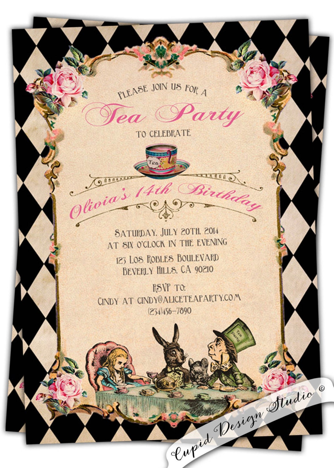 Alice in wonderland Birthday invitation. Baby by CupidDesigns