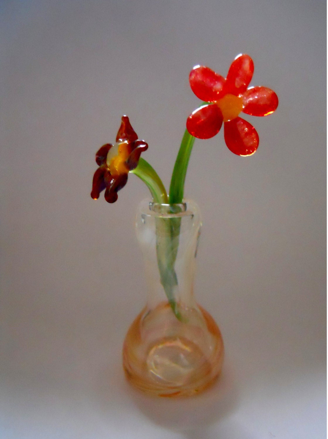 2 Miniature Glass Flowers And Vase Set By Bendingflowdesigns