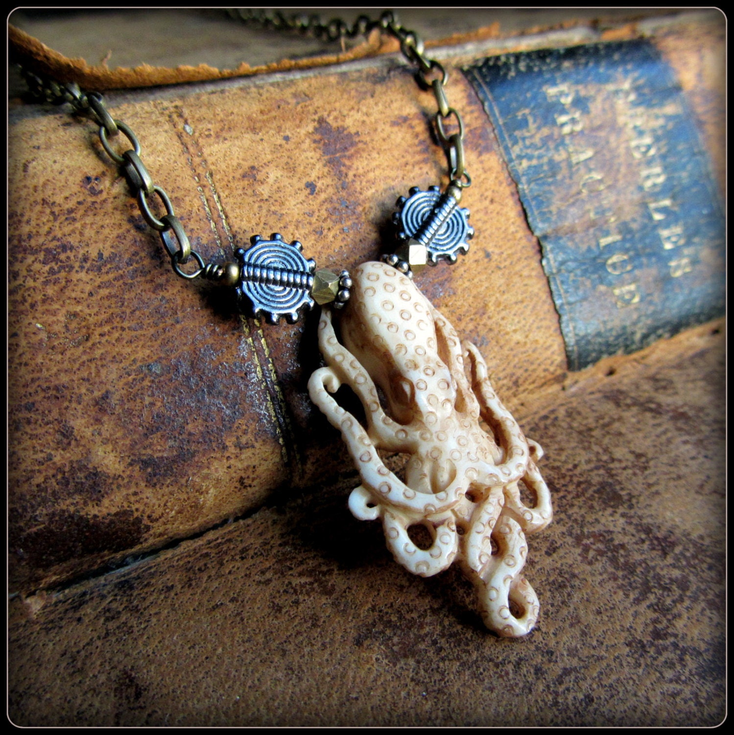 Octopus Pendant Necklace ~ Steampunk Pirate Cthulhu Cephalopod ~ hand carved bone taxidermy style ~ brass chain infinity tentacles