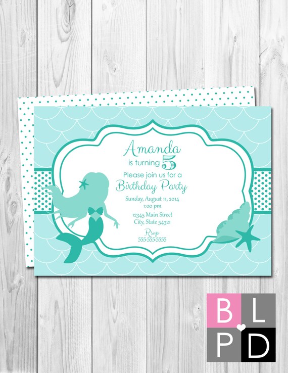 Mermaid Theme Birthday Party Invitation - Blue Green - BACKSIDE INCLUDED - DIY - Printable Il_570xn