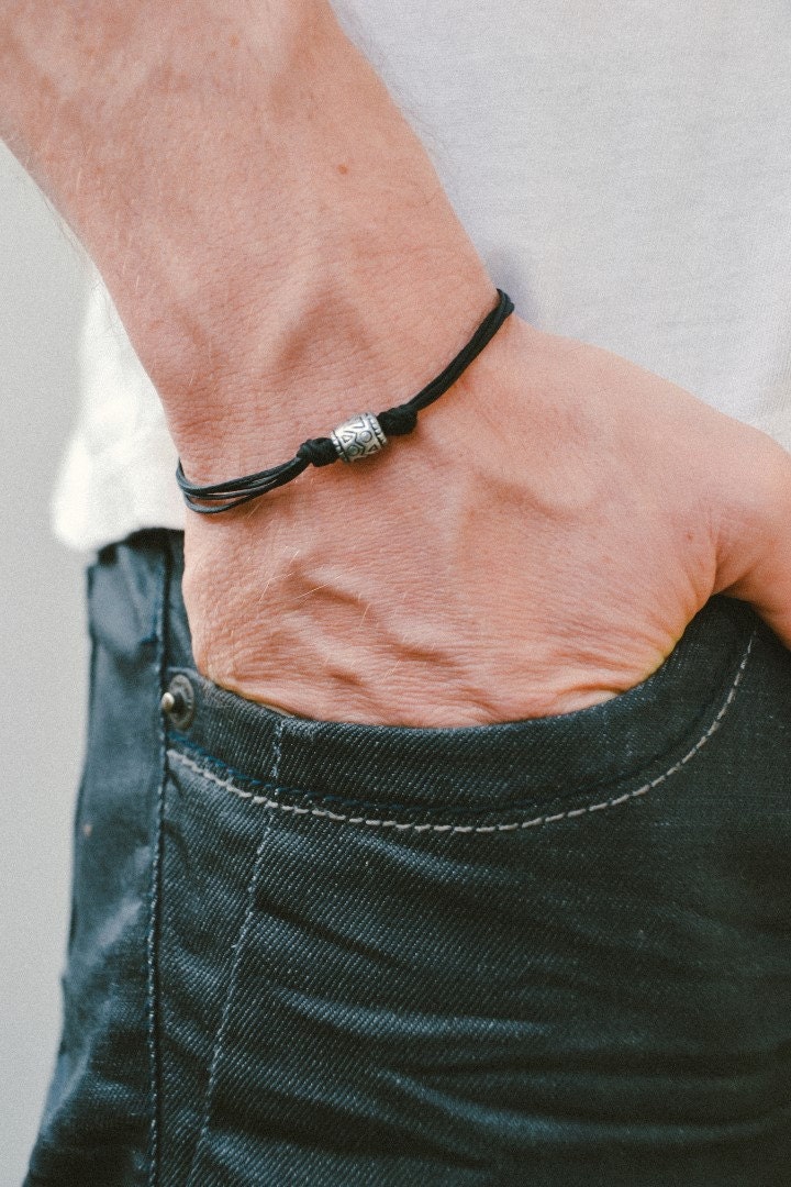 Black cord bracelet men's bracelet with a silver aztec