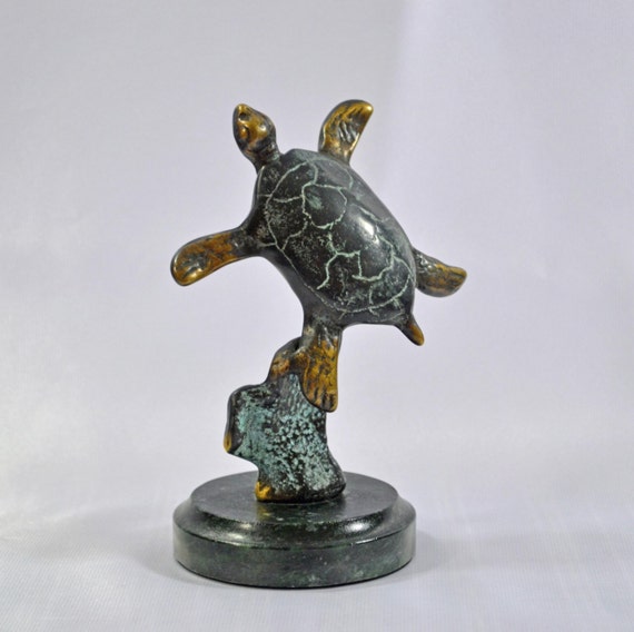 Bronze Sea Turtle Figurine Sculpture On Marble Base by SPI