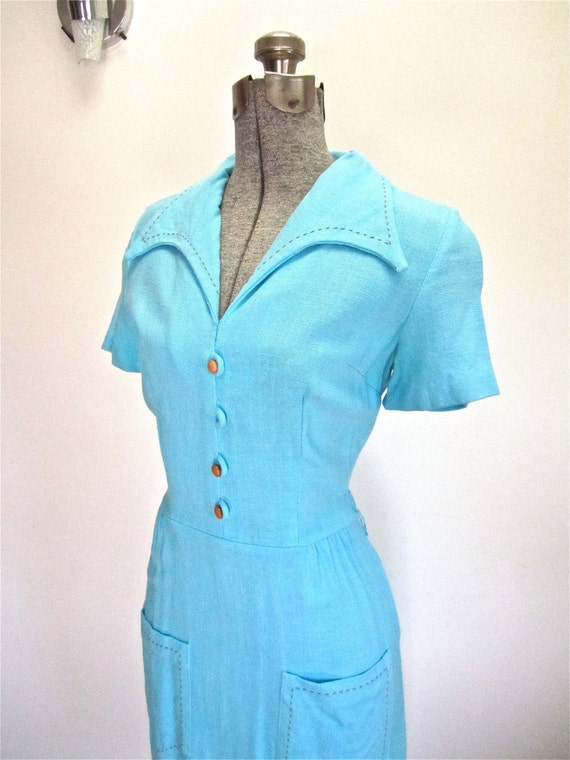 S 60s Linen Turquoise Blue Dress Day Mid Century Mad Men Mod