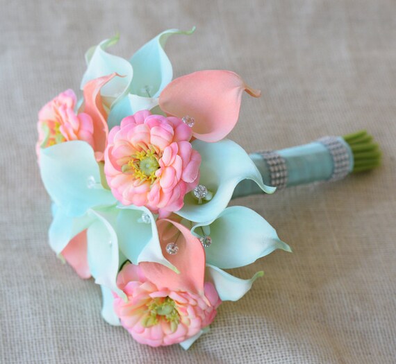 Silk Flower Wedding Bouquet Aqua Mint and Coral Peach Calla