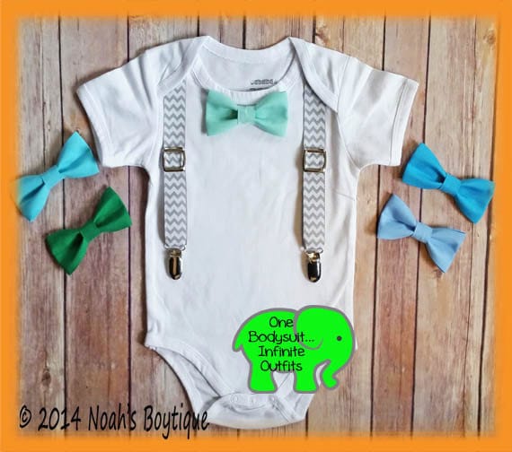 Baby Boy Clothing - Mint Bow Tie Grey Chevron Suspenders - Suspenders & Bow Tie Bodysuit - Baby Tuxedo - Spring Wedding Baby - Trendy Baby by NoahsBoytiques