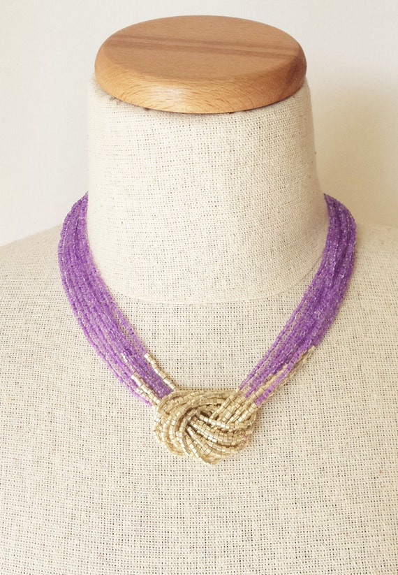 Translucent purple and gold necklace seed bead necklacelilac
