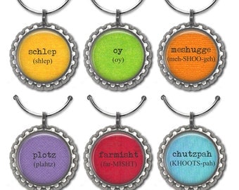 Yiddish word wine glass charms Jewish humor party favor drink tag Hanukkah gift.