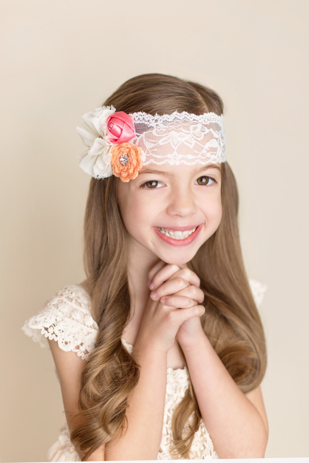 Peach Coral Headband, Ivory Lace Headband, Flower Girl Headband, Peach