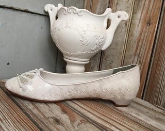 All Lace and Beaded Bridal Pump Low Heel Embellished Toe Ivory White Pump Closed Toe Wedding Shoe