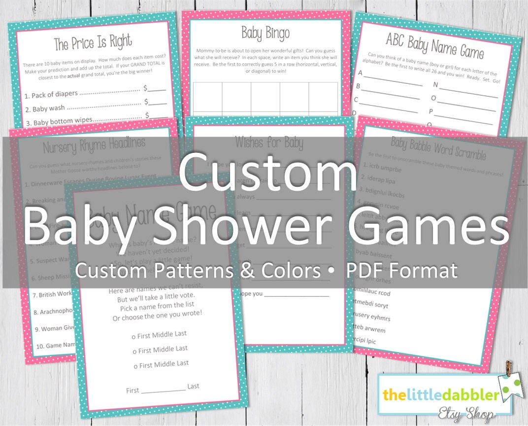 Custom Printable Baby Shower Games PDF Format by thelittledabbler