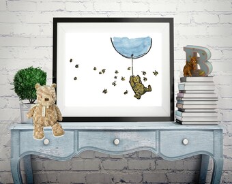 Winnie The Pooh Wall Art, Baby Nursery Art, Classic Winnie The Pooh Quote, Baby Print, Pooh holding balloon : With or without Mount