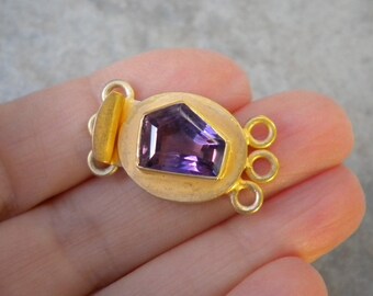 Amethyst Clasp - Beautiful Faceted Amethyst in Large Gold Plated Sterling Silver 3-Strand Box Clasp - jewelry supplies - clasps