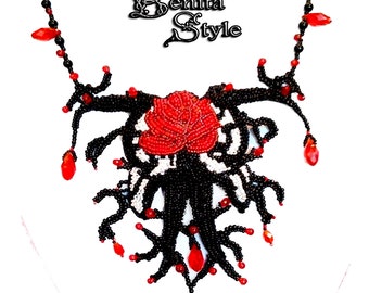 Bead Embroidery Necklace, Beadwork Necklace, Statement jewelery, Beaded Necklace Black & Red Necklace - Gothic roze, Red Swarovski crystals