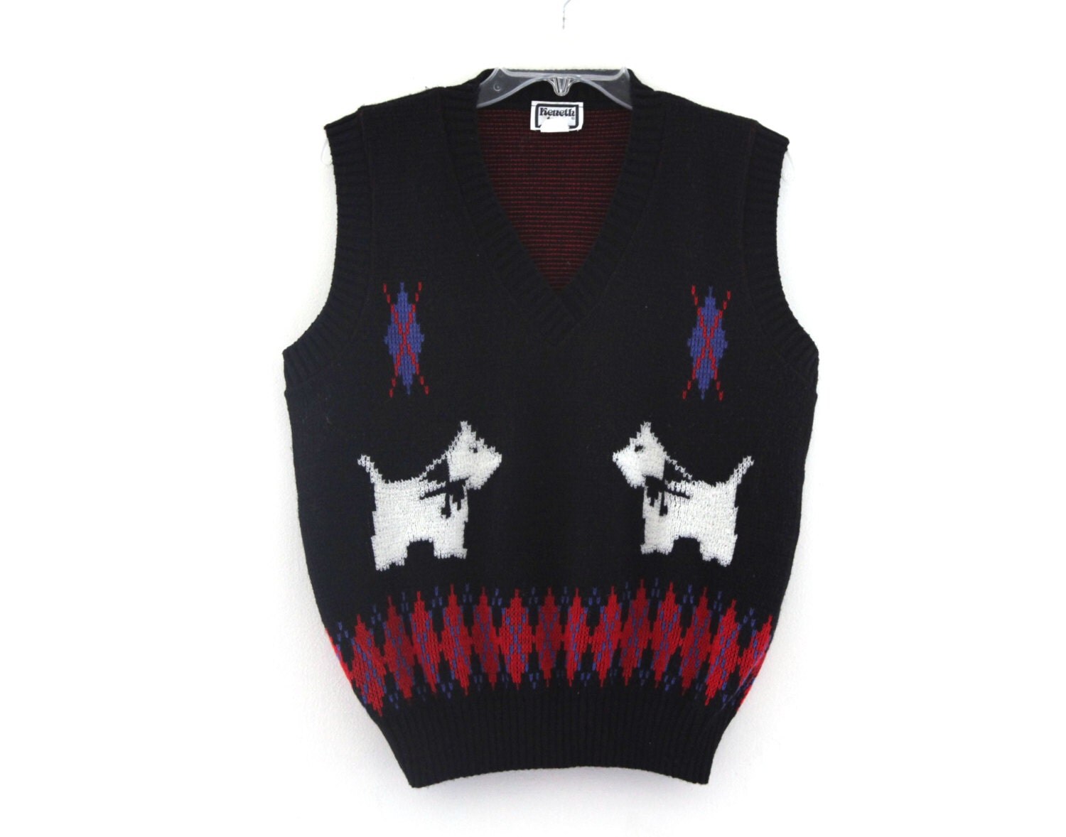 Vintage 80s ugly sweater vest scottie dogs argyle black red