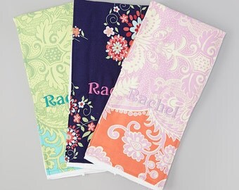 Set of 3 Personalized Burp Cloth Set - Amy Butler Prints - Turquoise and Tangerine Sandlewood, Midnight Love Momento