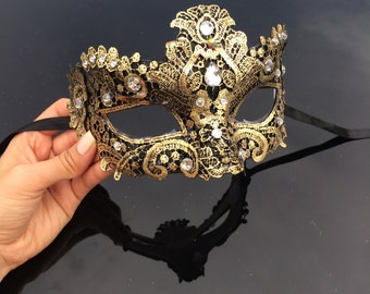Gold Masquerade Mask, Masquerade Mask, Brocade Lace Mask, Black and Gold Mask with Jewels