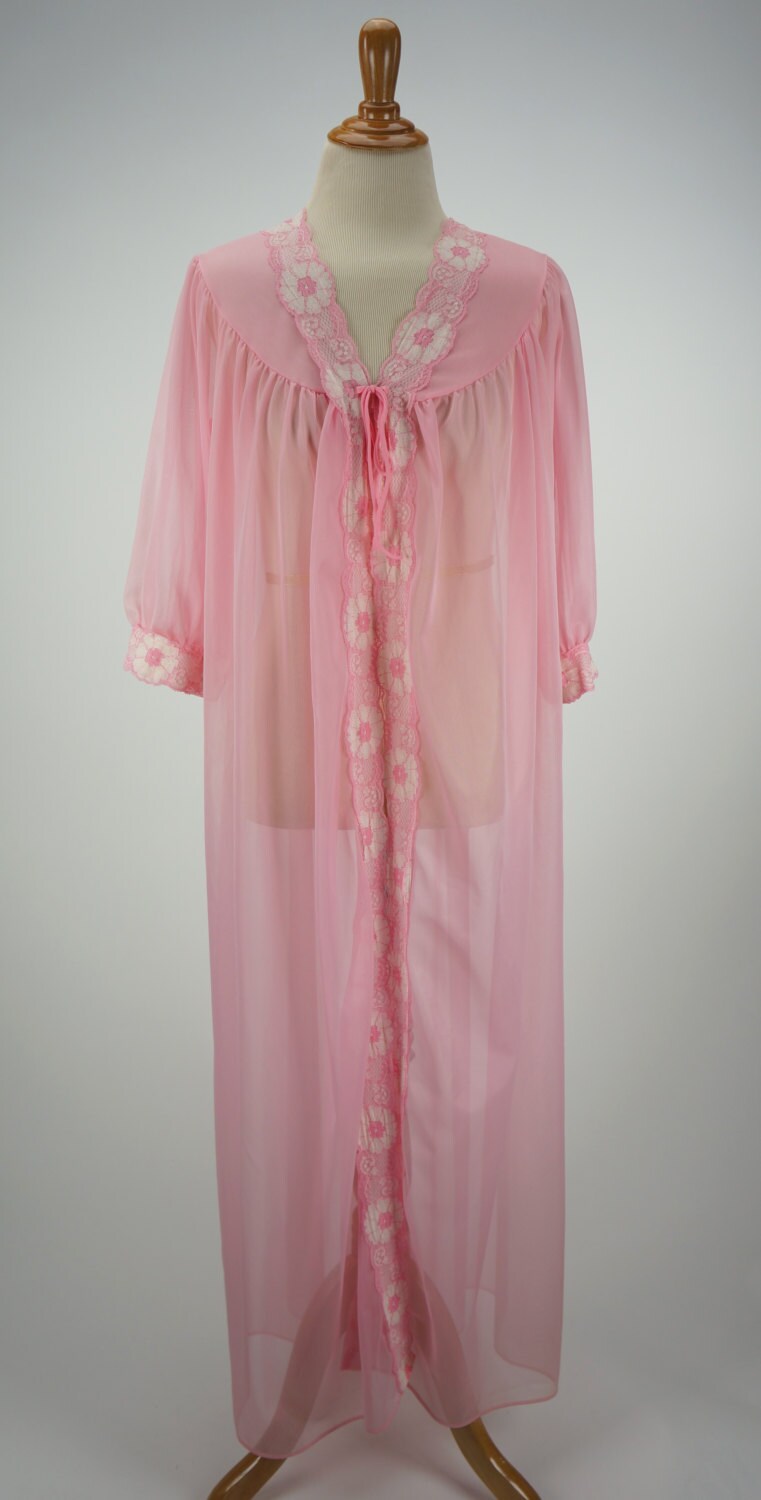 Vintage 1960s Pink Floral Sheer Peignoir Robe Size M