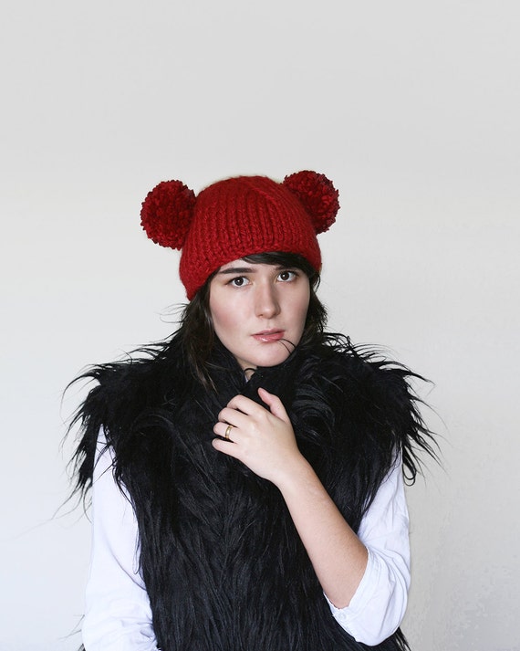 Hat Two Knit with Ear Beanie in Dark Pom poms Red  two hat beanie Poms pom Bear with Pom   Pom