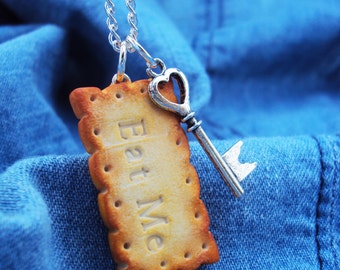 Eat Me Cookie Necklace Polymer Clay, Miniature Clay Dessert Food Jewelry, Alice in Wonderland Jewelry, Miniature Food, Polymer Clay Food