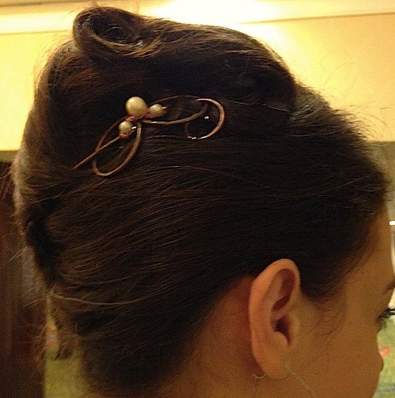 Copper pearl hair barrette hair bow hair spirals hair by Kapelika