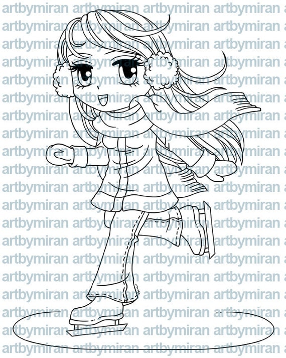 Digital Stamp - Ice Skater Macy, Christmas Digi Stamp, Coloring page, Printable Line art for Card and Craft Supply