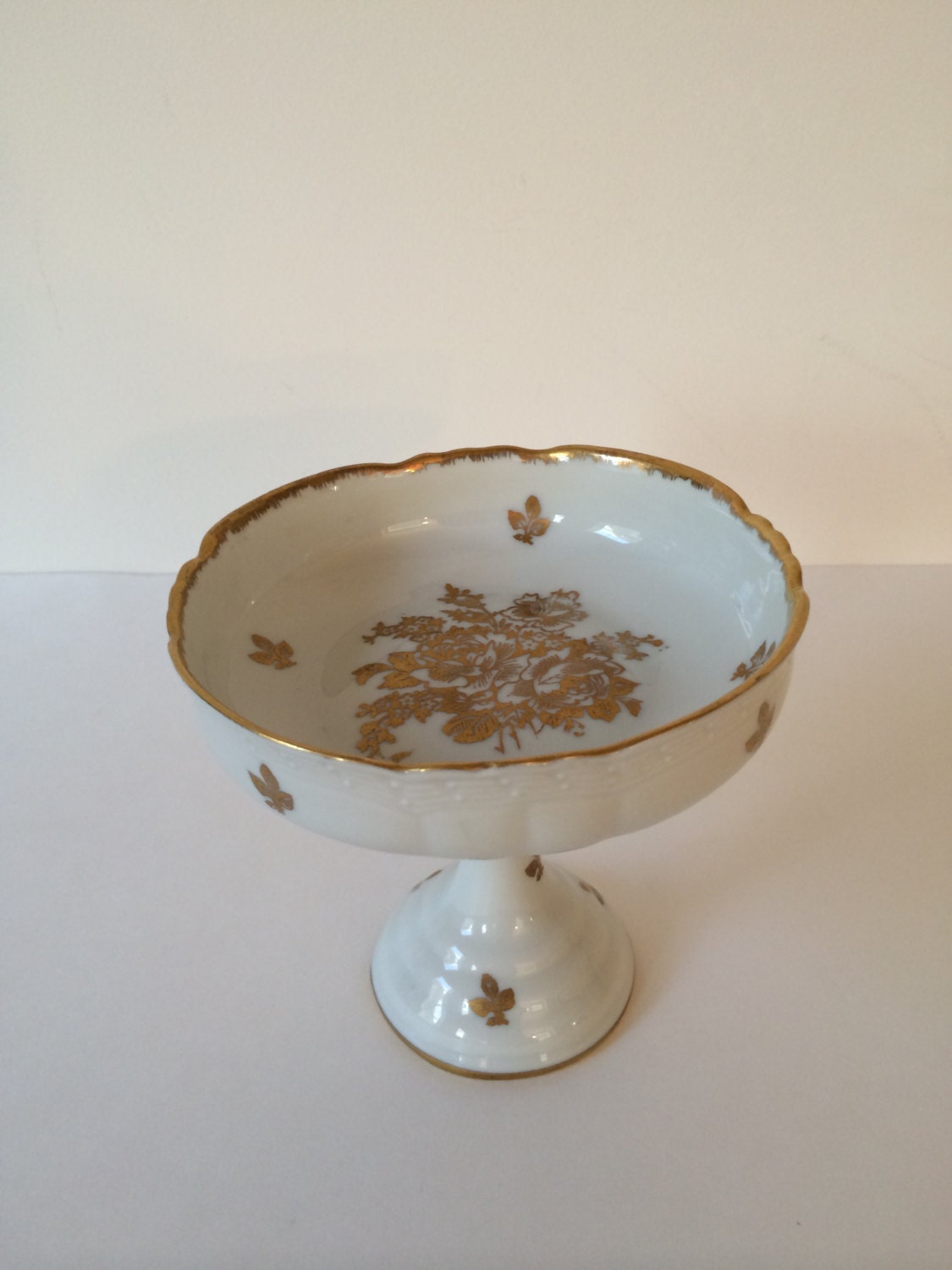 Vintage Porcelain Candy Dish, France, White With Gold Flowers Haute Juice