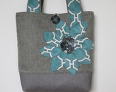 Turquoise Grey Womens Tote Bag, Large Shoulder Bag, Turquoise Handmade Fabric Bag, Grey Leather Tote Bag, Turquoise Tote, Shoulder Bag, Tote