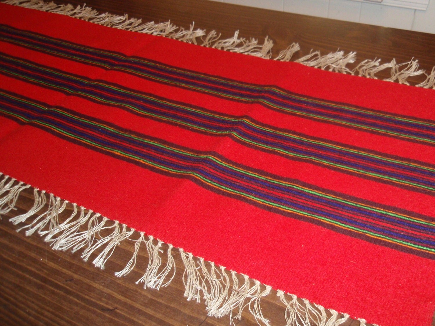 LARGE Colorful Woven Wool Table Runner w/ Fringe. Red & Bright
