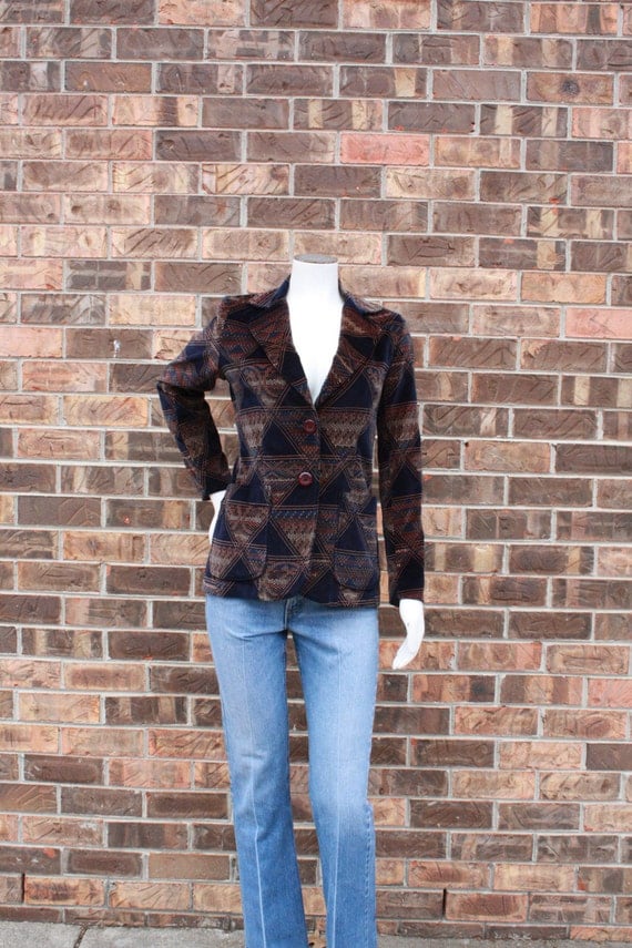 Navy Blue Patterned Velvet Jacket S