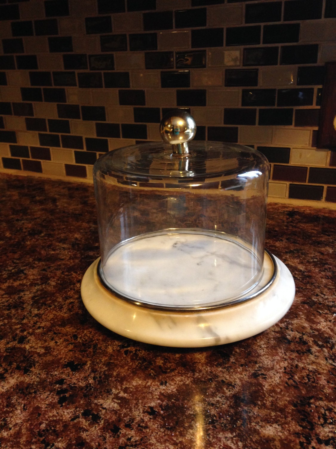 Vintage Carrara Marble Cheese Plate With Glass Dome and Brass Accents