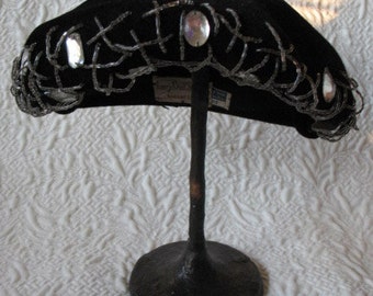 Vintage Hat Black Jeweled Classic Mid Century Retro Hollywood Ladies Luncheon Tea Party Hat Women's Accessories