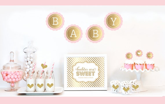 items-similar-to-twin-girl-baby-shower-decor-pink-and-gold-baby