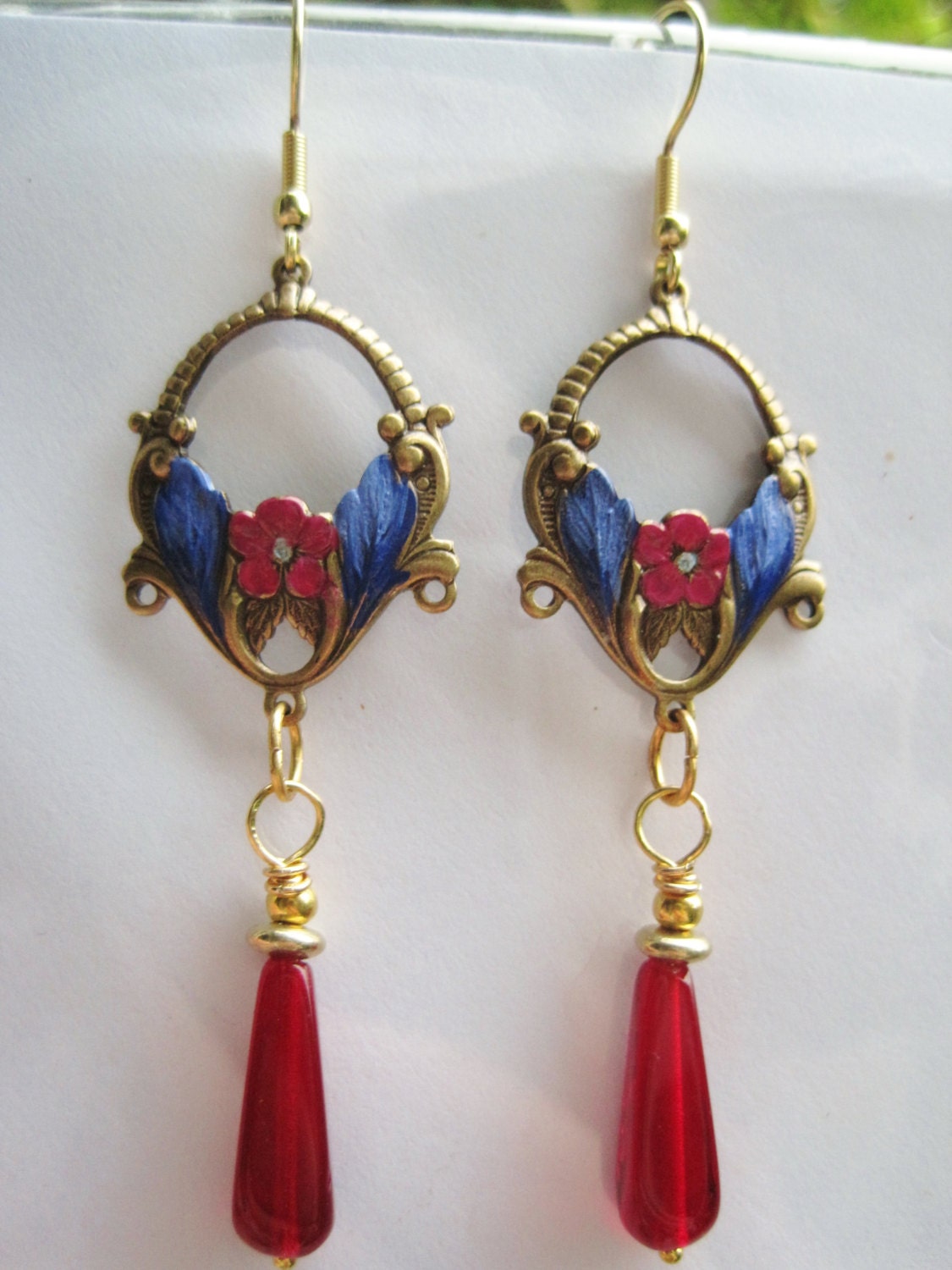 Art Nouveau earrings long vintage Edwardian style vivid blue