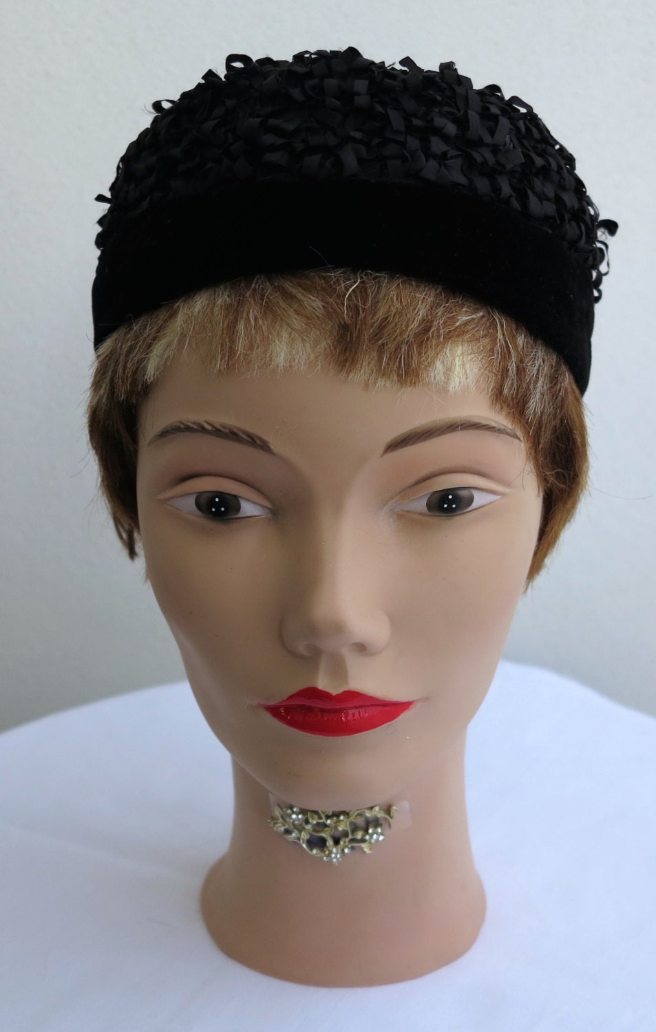 Vintage black pillbox hat, 1960s, velvet band, all over loops of