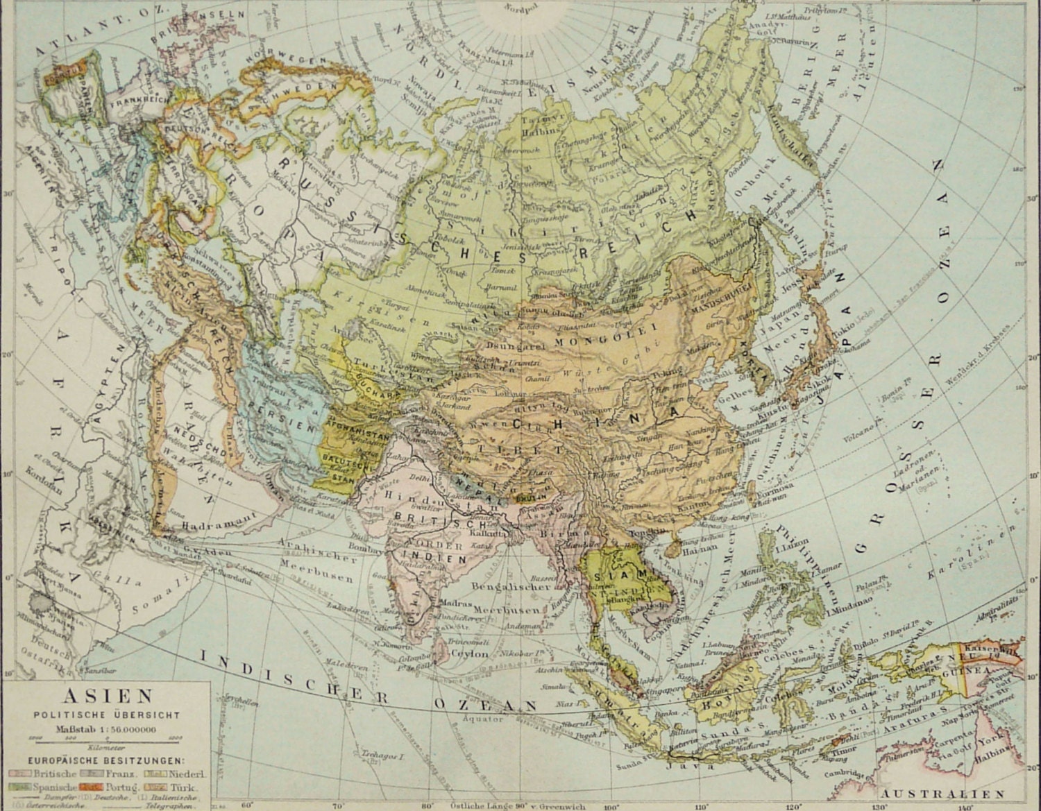 1890 Antique map of ASIA. 124 years old by TheOldPrintsCabinet