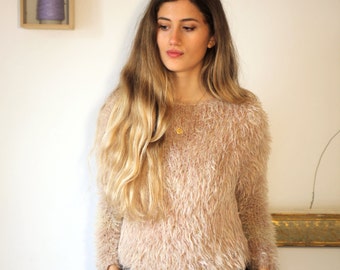 Ivory cropped sweater faux fur hand-knit Ivory lacey flare