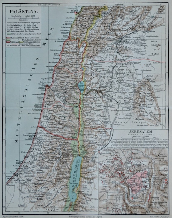 Palestine map at the end of 19th century. Old book plate