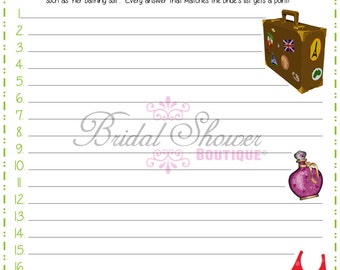 Honeymoon Essentials Packing List, Junk in the Trunk, Get Packing! Bridal Shower Game GREEN -Fun, Detailed, & Cute!