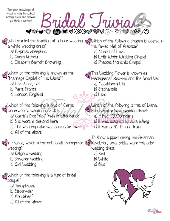 Bridal Wedding Trivia Bridal Shower Game PURPLE Fun